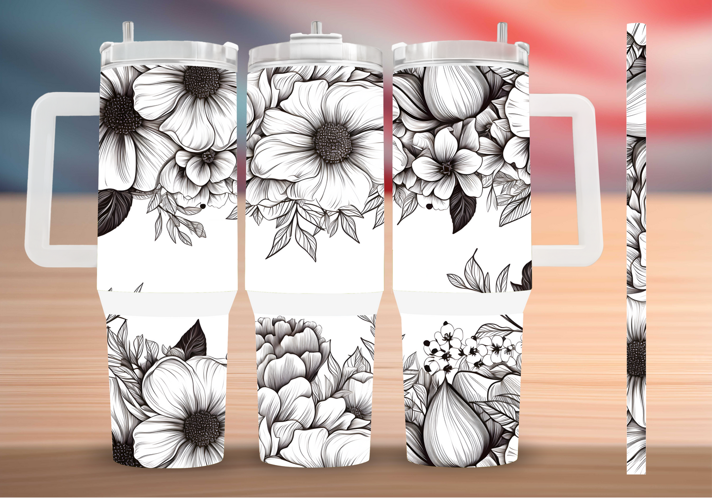 Personalized Monochrome Floral Tumbler with Handle