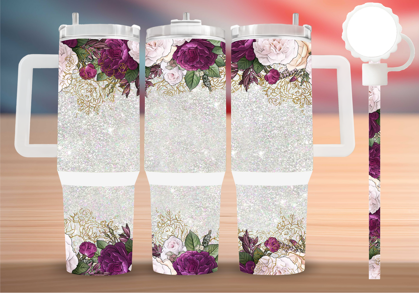 Personalized Glitter Floral Tumbler – Burgundy & Blush Roses Insulated Mug with Handle