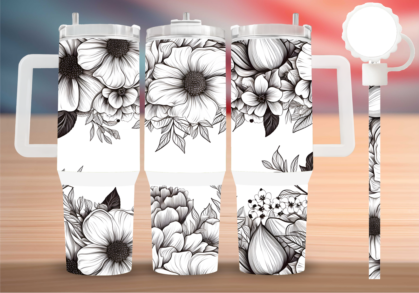 Personalized Monochrome Floral Tumbler with Handle