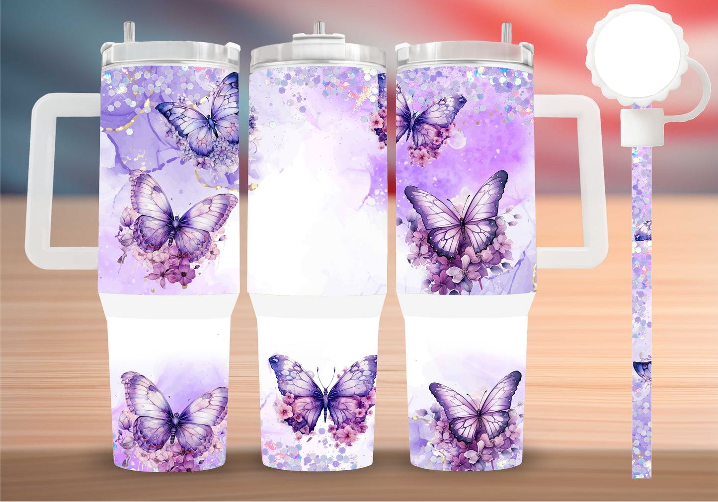 Personalized Purple Butterfly Tumbler – Glitter Floral Insulated Mug with Handle
