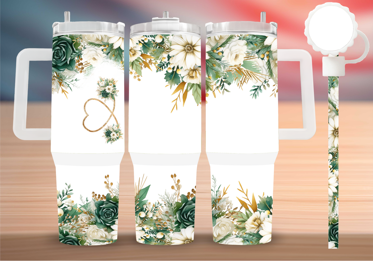 Personalized Green Gold Floral Heart Tumbler