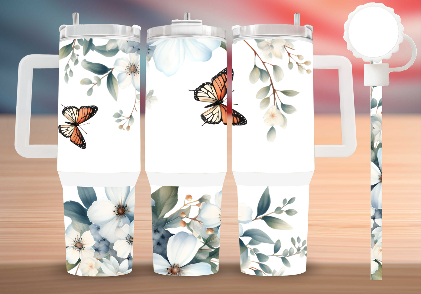 Personalized Butterfly Garden Tumbler – Orange Monarch & Floral Insulated Mug with Handle