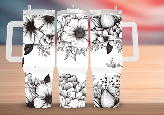 Personalized Monochrome Floral Tumbler with Handle