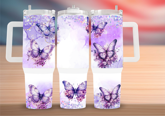 Personalized Purple Butterfly Tumbler – Glitter Floral Insulated Mug with Handle