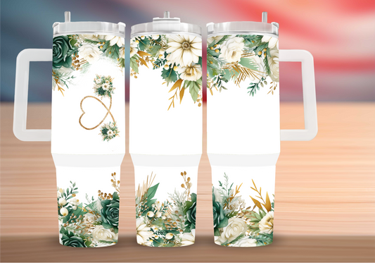 Personalized Green Gold Floral Heart Tumbler