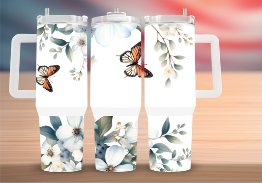Personalized Butterfly Garden Tumbler – Orange Monarch & Floral Insulated Mug with Handle