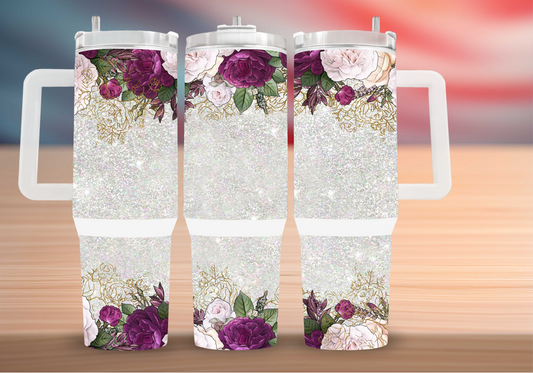 Personalized Glitter Floral Tumbler – Burgundy & Blush Roses Insulated Mug with Handle
