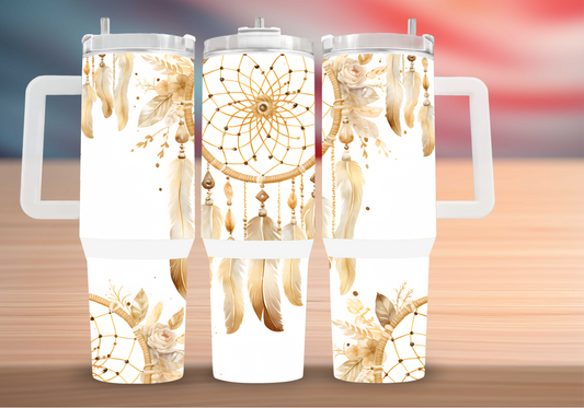 Personalized Boho Dreamcatcher Tumbler – Neutral Feather Floral Insulated Mug with Handle