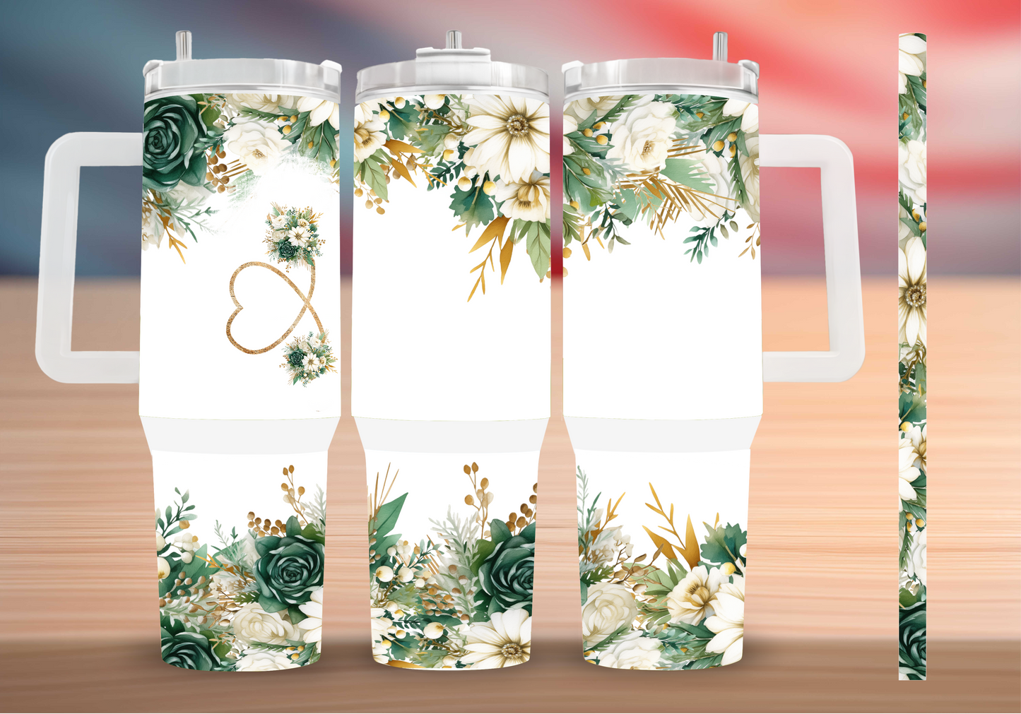 Personalized Green Gold Floral Heart Tumbler