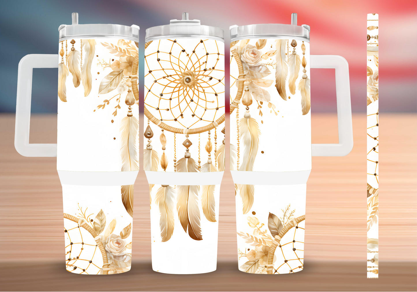 Personalized Boho Dreamcatcher Tumbler – Neutral Feather Floral Insulated Mug with Handle