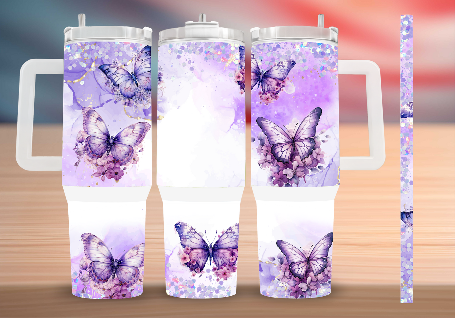 Personalized Purple Butterfly Tumbler – Glitter Floral Insulated Mug with Handle