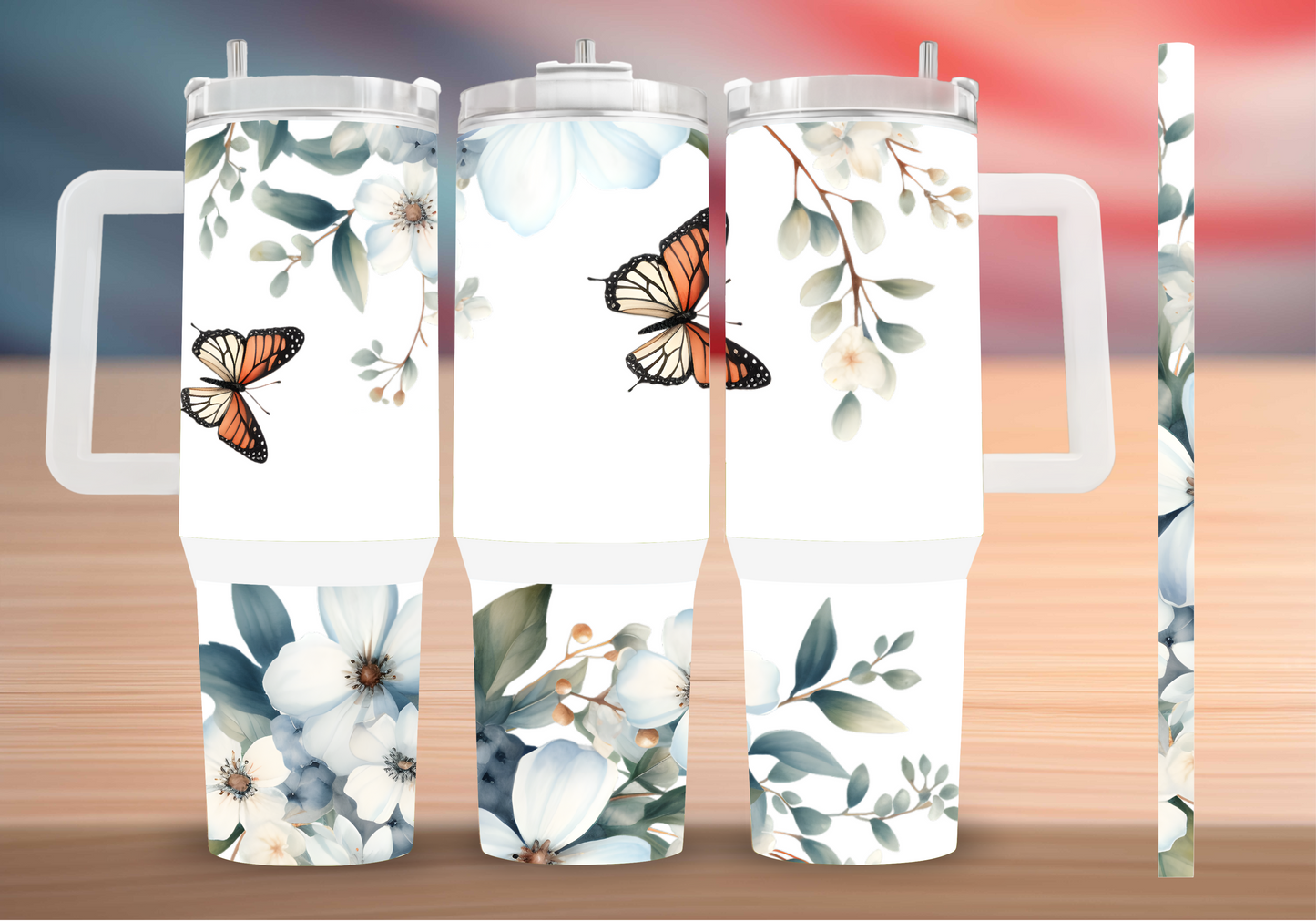 Personalized Butterfly Garden Tumbler – Orange Monarch & Floral Insulated Mug with Handle