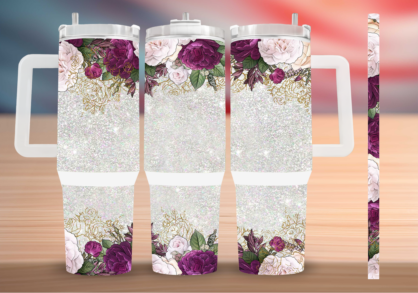 Personalized Glitter Floral Tumbler – Burgundy & Blush Roses Insulated Mug with Handle