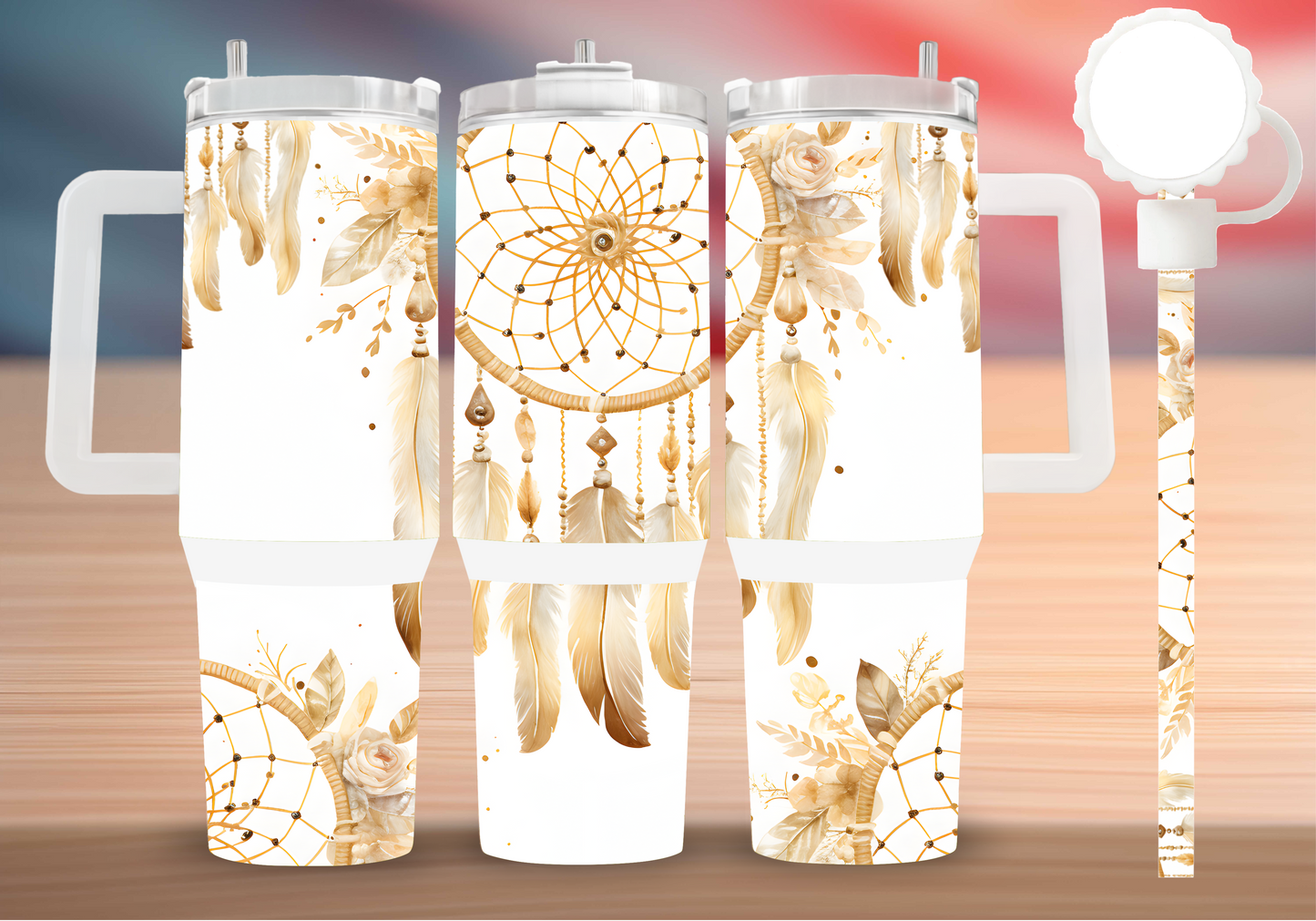 Personalized Boho Dreamcatcher Tumbler – Neutral Feather Floral Insulated Mug with Handle